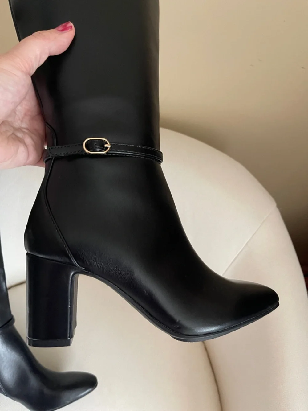Anne Klein Black Mid-Calf Block Heel Boots with Ankle Strap - Picture 8 of 15